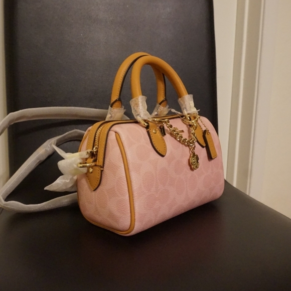 NEW! Coach Mini Rowan Crossbody Bag in Signature Canvas Gold/Powder Pink - Picture 4 of 5
